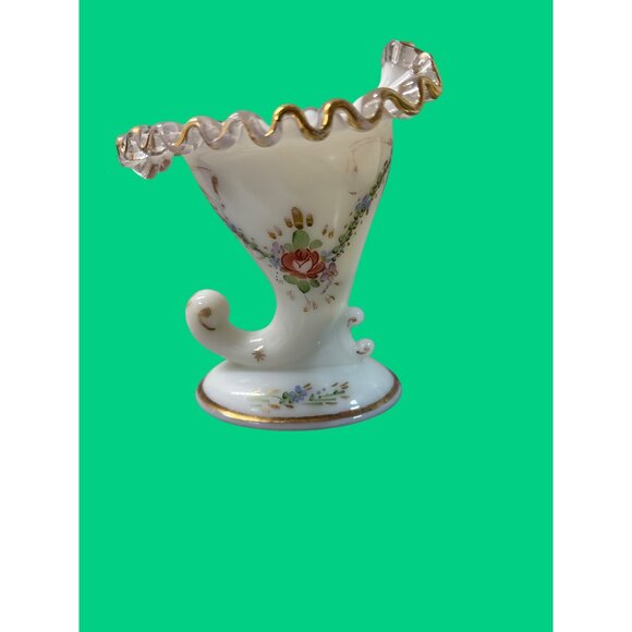 Fenton Cornucopia Milk Glass Gold Crested Bud Vase Hand Painted Floral Design - Picture 8 of 8